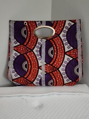 Stylish Purple & Red Patterned Tote Bag with Rhinestone Trim
